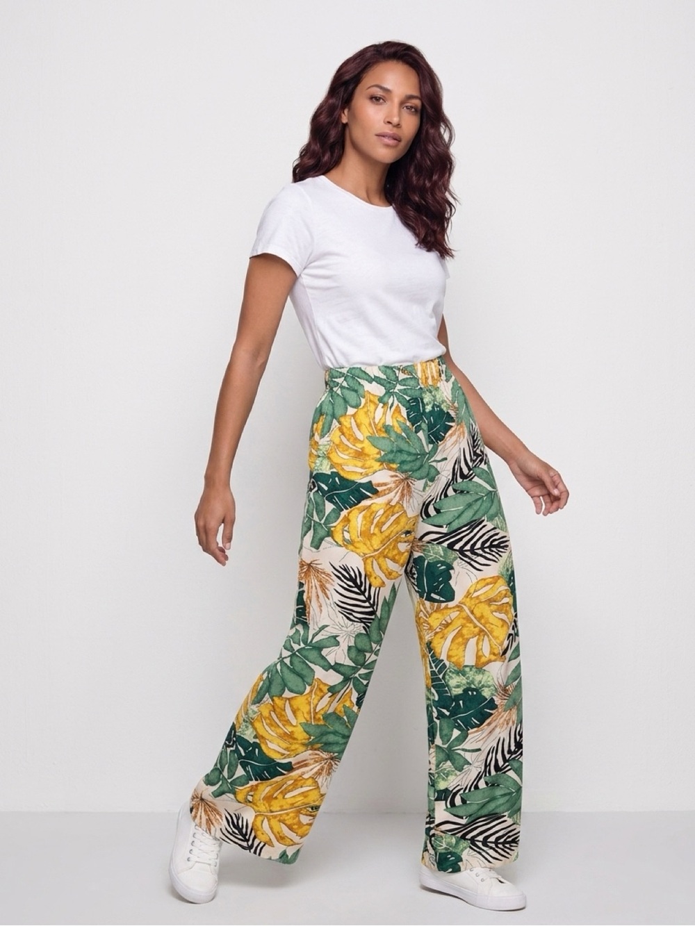 Tropical High-Waist Wide-Leg Pants - White/Green/Yellow
